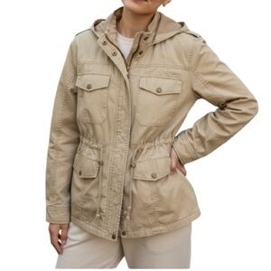 FOREVER 21 Military Jacket Khaki Tan Zip Hood Snap Flap Pockets Drawstring M